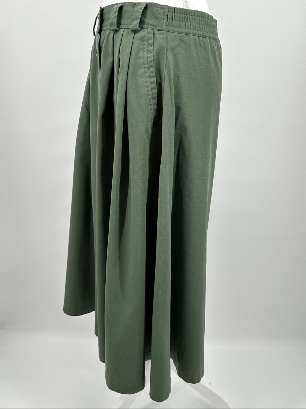 Karen Scott Olive Button Front Midi Skirt Pockets Pleats Cotton Blend Vtg Size 8 - Picture 3 of 9